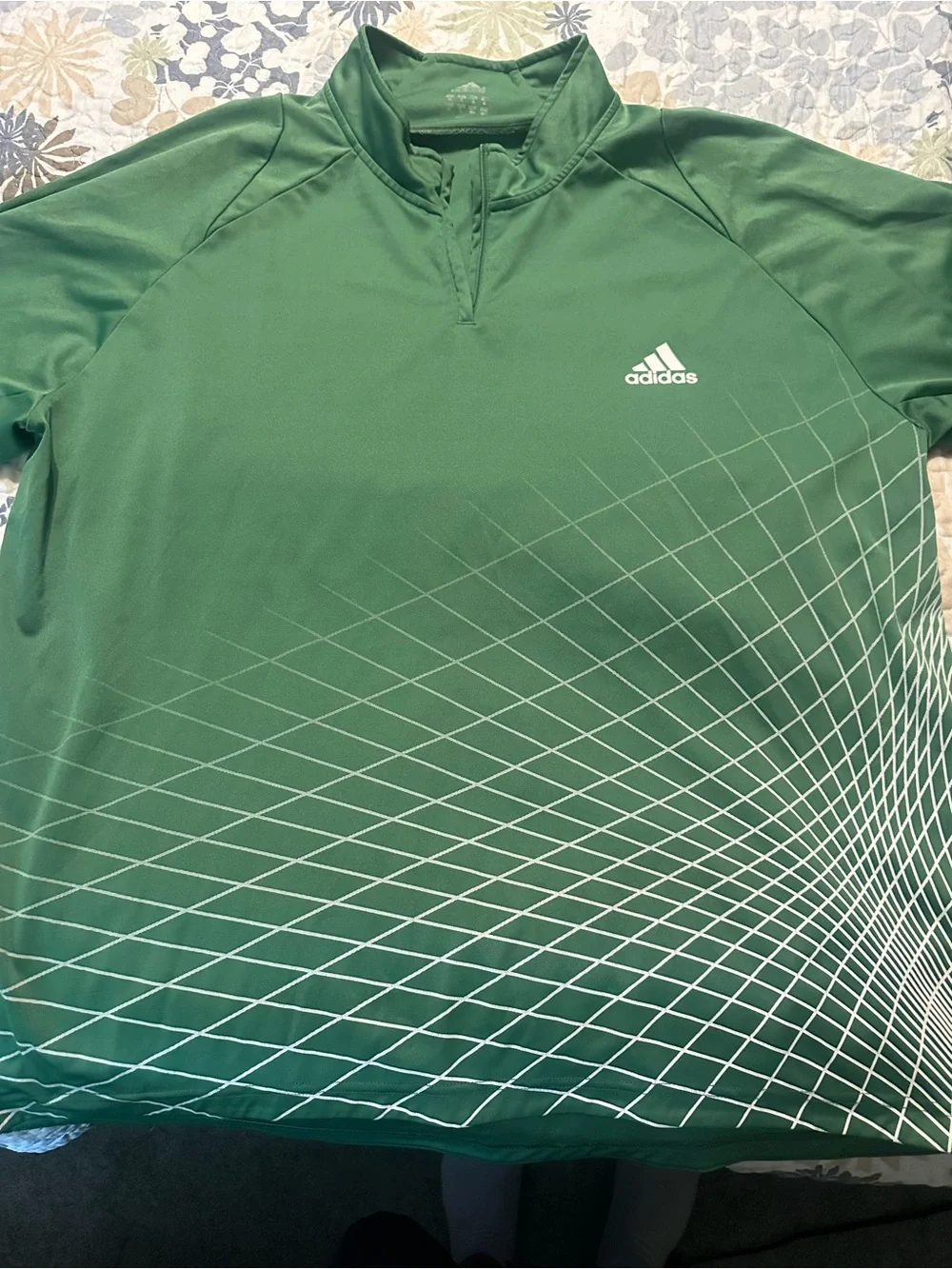 adidas Green Athletic Quarter-Zip Polo with White Grid
